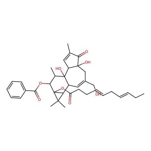 2D Structure of [(1S,2S,6R,10S,11R,13S,14R,15R)-13-[(4Z,7Z)-deca-4,7-dienoyl]oxy-1,6-dihydroxy-8-(hydroxymethyl)-4,12,12,15-tetramethyl-5-oxo-14-tetracyclo[8.5.0.02,6.011,13]pentadeca-3,8-dienyl] benzoate