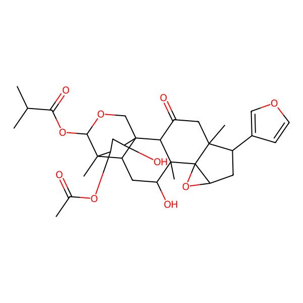 2D Structure of [(1R,8R,10R,11S,15S)-21-acetyloxy-6-(furan-3-yl)-12,19-dihydroxy-5,11,15-trimethyl-3-oxo-9,17-dioxahexacyclo[13.3.3.01,14.02,11.05,10.08,10]henicosan-16-yl] 2-methylpropanoate