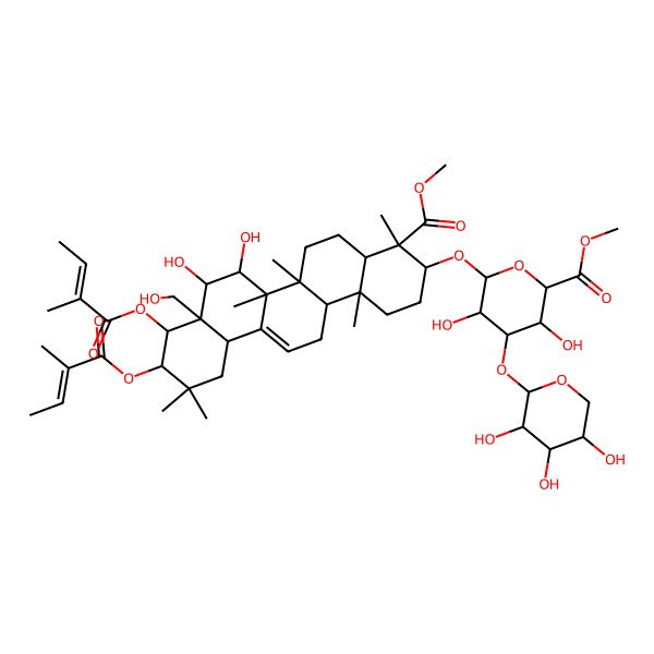 2D Structure of methyl (2S,3S,4S,5R,6R)-6-[[(3S,4S,6aR,8aR,10R,12aS,14bR)-7,8-dihydroxy-8a-(hydroxymethyl)-4-methoxycarbonyl-4,6a,6b,11,11,14b-hexamethyl-9,10-bis[[(Z)-2-methylbut-2-enoyl]oxy]-1,2,3,4a,5,6,7,8,9,10,12,12a,14,14a-tetradecahydropicen-3-yl]oxy]-3,5-dihydroxy-4-[(2S,3R,4S,5S)-3,4,5-trihydroxyoxan-2-yl]oxyoxane-2-carboxylate