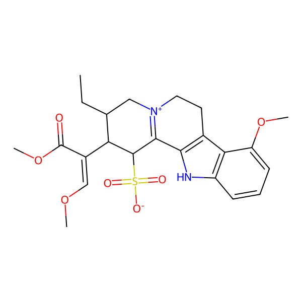 2D Structure of (1S,2S,3S)-2-[(E)-1,3-dimethoxy-3-oxoprop-1-en-2-yl]-3-ethyl-8-methoxy-2,3,4,6,7,12-hexahydro-1H-indolo[2,3-a]quinolizin-5-ium-1-sulfonate