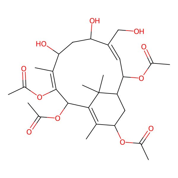 2D Structure of [(2R,5S,7S,8E,10S,11R,13S)-2,3,10-triacetyloxy-5,7-dihydroxy-8-(hydroxymethyl)-4,14,15,15-tetramethyl-13-bicyclo[9.3.1]pentadeca-1(14),3,8-trienyl] acetate