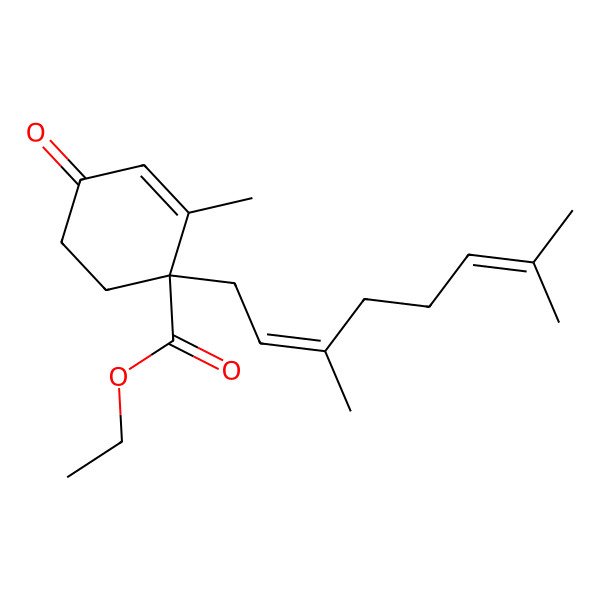 2D Structure of 2-Cyclohexen-1-one-4-carboxylic acid, 4-(3,7-dimethyl-2,6-octadien-1-yl)-3-methyl-, ethyl ester, (E)- 2D Structure of 2-Cyclohexen-1-one-4-carboxylic acid, 4-(3,7-dimethyl-2,6-octadien-1-yl)-3-methyl-, ethyl ester, (E)-