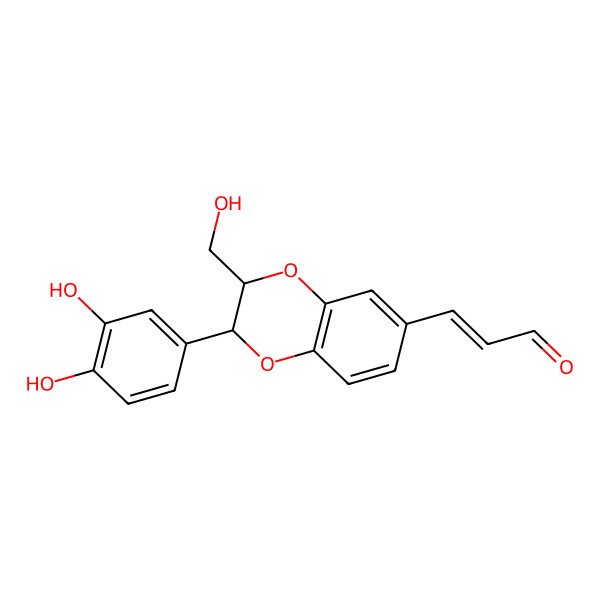 2D Structure of 2alpha-(Hydroxymethyl)-3beta-(3,4-dihydroxyphenyl)-2,3-dihydro-1,4-benzodioxin 7-acrylaldehyde