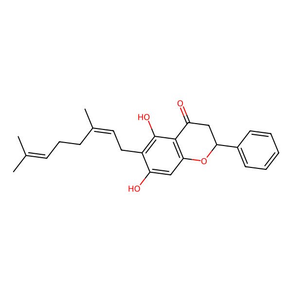 2D Structure of (2S)-6-[(2E)-3,7-dimethylocta-2,6-dienyl]-5,7-dihydroxy-2-phenyl-2,3-dihydrochromen-4-one