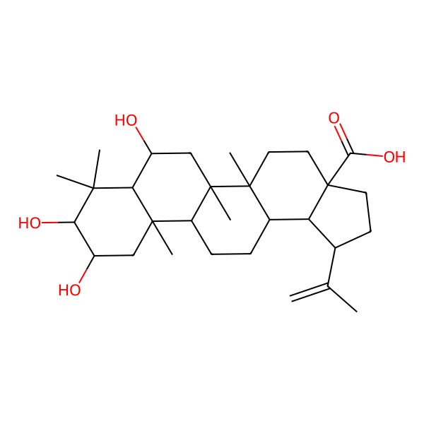2D Structure of (1R,3aS,5aR,5bR,7R,7aR,9R,10R,11aR,11bR,13aR,13bR)-7,9,10-trihydroxy-5a,5b,8,8,11a-pentamethyl-1-prop-1-en-2-yl-1,2,3,4,5,6,7,7a,9,10,11,11b,12,13,13a,13b-hexadecahydrocyclopenta[a]chrysene-3a-carboxylic acid