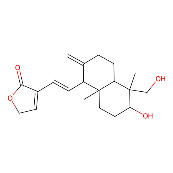 2D Structure of 4-[(E)-2-[(1R,5R,6R,8aR)-6-hydroxy-5-(hydroxymethyl)-5,8a-dimethyl-2-methylene-decalin-1-yl]vinyl]-2H-furan-5-one