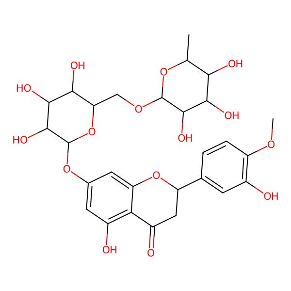 2D Structure of 4H-1-Benzopyran-4-one, 7-[[6-O-(6-deoxy-alpha-L-mannopyranosyl)-beta-D-glucopyranosyl]oxy]-2,3-dihydro-5-hydroxy-2-(3-hydroxy-4-methoxyphenyl)-, (S)-