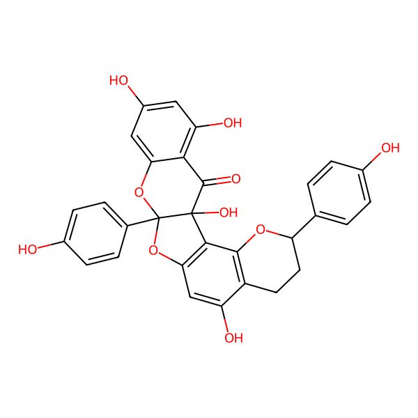2D Structure of (1S,5S,13R)-1,9,17,19-tetrahydroxy-5,13-bis(4-hydroxyphenyl)-4,12,14-trioxapentacyclo[11.8.0.02,11.03,8.015,20]henicosa-2(11),3(8),9,15,17,19-hexaen-21-one