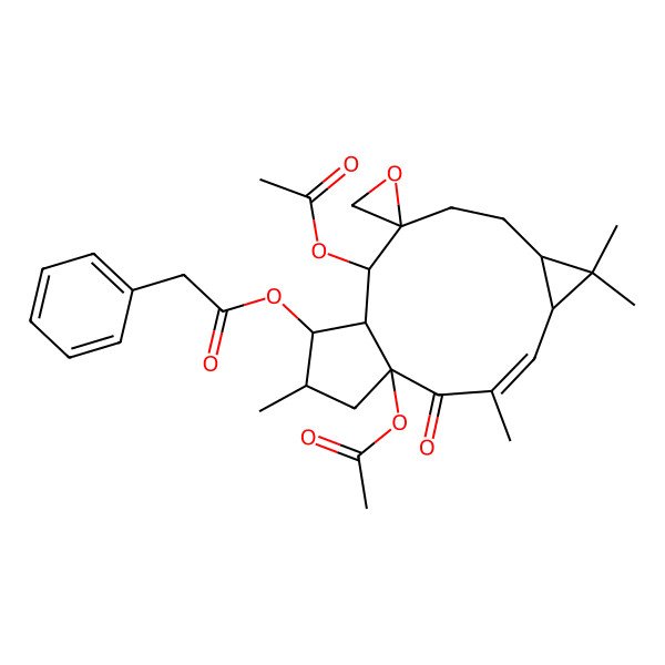 2D Structure of [(1'R,2R,3'E,5'R,7'S,11'R,12'R,13'S,14'S)-1',11'-diacetyloxy-3',6',6',14'-tetramethyl-2'-oxospiro[oxirane-2,10'-tricyclo[10.3.0.05,7]pentadec-3-ene]-13'-yl] 2-phenylacetate