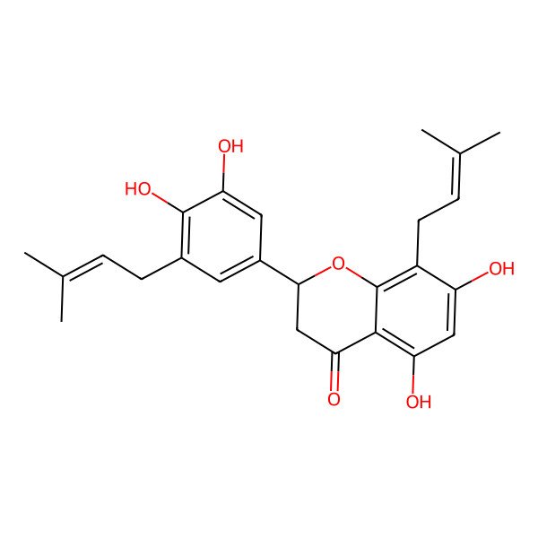 2D Structure of (2R)-2-[3,4-dihydroxy-5-(3-methylbut-2-enyl)phenyl]-5,7-dihydroxy-8-(3-methylbut-2-enyl)-2,3-dihydrochromen-4-one