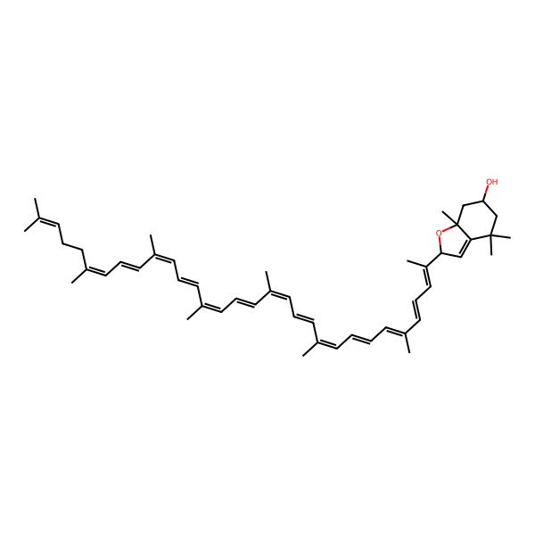 2D Structure of 2-[(2E,4E,6E,8E,10Z,12E,14Z,16E,18E,20E,22E,24E,26Z)-6,11,15,19,23,27,31-heptamethyldotriaconta-2,4,6,8,10,12,14,16,18,20,22,24,26,30-tetradecaen-2-yl]-4,4,7a-trimethyl-2,5,6,7-tetrahydro-1-benzofuran-6-ol