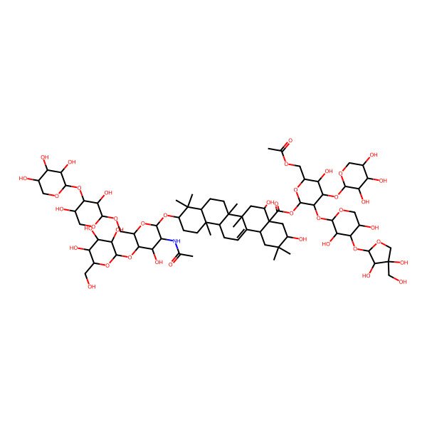 2D Structure of [(2S,3R,4S,5R,6R)-6-(acetyloxymethyl)-3-[(2S,3R,4S,5R)-4-[(2S,3R,4R)-3,4-dihydroxy-4-(hydroxymethyl)oxolan-2-yl]oxy-3,5-dihydroxyoxan-2-yl]oxy-5-hydroxy-4-[(2S,3R,4S,5R)-3,4,5-trihydroxyoxan-2-yl]oxyoxan-2-yl] (3S,4aR,5R,6aR,6aS,6bR,8aR,10S,12aR,14bS)-10-[(2R,3R,4R,5S,6R)-3-acetamido-6-[[(2S,3R,4S,5S)-3,5-dihydroxy-4-[(2S,3R,4S,5R)-3,4,5-trihydroxyoxan-2-yl]oxyoxan-2-yl]oxymethyl]-4-hydroxy-5-[(2S,3R,4S,5S,6R)-3,4,5-trihydroxy-6-(hydroxymethyl)oxan-2-yl]oxyoxan-2-yl]oxy-3,5-dihydroxy-2,2,6a,6b,9,9,12a-heptamethyl-1,3,4,5,6,6a,7,8,8a,10,11,12,13,14b-tetradecahydropicene-4a-carboxylate