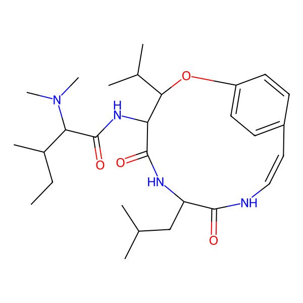 2D Structure of (2S,3S)-2-(dimethylamino)-N-[(2Z,6S,9S,10S)-6-isobutyl-10-isopropyl-5,8-dioxo-11-oxa-4,7-diazabicyclo[10.2.2]hexadeca-1(14),2,12,15-tetraen-9-yl]-3-methyl-pentanamide