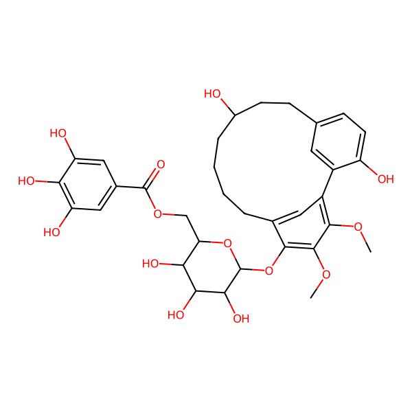 2D Structure of [(2R,3S,4S,5R,6S)-6-[(11,17-dihydroxy-3,4-dimethoxy-5-tricyclo[12.3.1.12,6]nonadeca-1(17),2,4,6(19),14(18),15-hexaenyl)oxy]-3,4,5-trihydroxyoxan-2-yl]methyl 3,4,5-trihydroxybenzoate