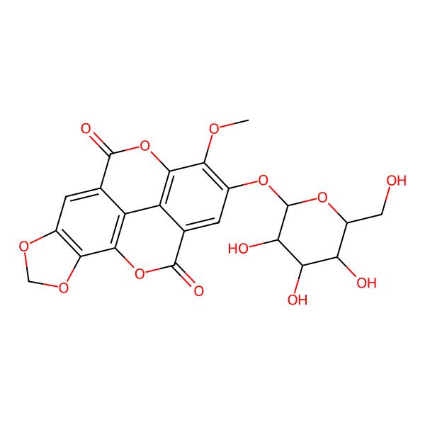 2D Structure of 12-methoxy-13-[(2R,3S,4R,5R,6S)-3,4,5-trihydroxy-6-(hydroxymethyl)oxan-2-yl]oxy-3,5,10,17-tetraoxapentacyclo[9.6.2.02,6.08,18.015,19]nonadeca-1(18),2(6),7,11(19),12,14-hexaene-9,16-dione
