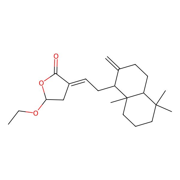 2D Structure of (3E,5S)-3-[2-[(1S,4aS,8aS)-5,5,8a-trimethyl-2-methylidene-3,4,4a,6,7,8-hexahydro-1H-naphthalen-1-yl]ethylidene]-5-ethoxyoxolan-2-one