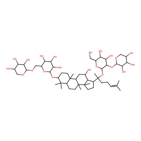 2D Structure of (2R,3R,4S,5S,6R)-2-[[17-[2-[(2S,3R,4S,5S,6R)-4,5-dihydroxy-6-(hydroxymethyl)-3-[(2R,3R,4S,5R)-3,4,5-trihydroxyoxan-2-yl]oxyoxan-2-yl]oxy-6-methylhept-5-en-2-yl]-12-hydroxy-4,4,8,10,14-pentamethyl-2,3,5,6,7,9,11,12,13,15,16,17-dodecahydro-1H-cyclopenta[a]phenanthren-3-yl]oxy]-6-[[(2R,3R,4S,5R)-3,4,5-trihydroxyoxan-2-yl]oxymethyl]oxane-3,4,5-triol