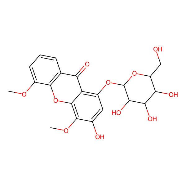 2D Structure of 3-hydroxy-4,5-dimethoxy-1-[(2S,3R,4S,5S,6R)-3,4,5-trihydroxy-6-(hydroxymethyl)oxan-2-yl]oxyxanthen-9-one