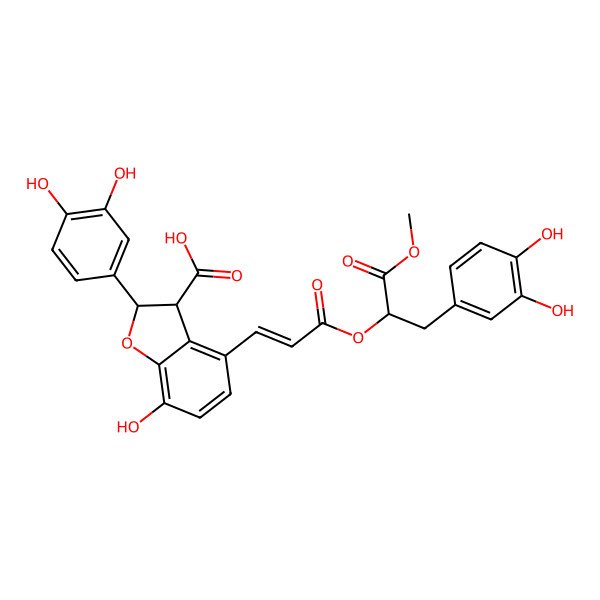2D Structure of (2S,3S)-2-(3,4-dihydroxyphenyl)-4-[(E)-3-[(2R)-3-(3,4-dihydroxyphenyl)-1-methoxy-1-oxopropan-2-yl]oxy-3-oxoprop-1-enyl]-7-hydroxy-2,3-dihydro-1-benzofuran-3-carboxylic acid