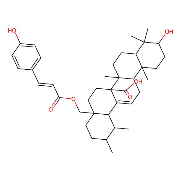 2D Structure of (1S,2R,4aS,6aR,6aR,6bR,8aR,10S,12aR,14bS)-10-hydroxy-4a-[[(Z)-3-(4-hydroxyphenyl)prop-2-enoyl]oxymethyl]-1,2,6b,9,9,12a-hexamethyl-2,3,4,5,6,6a,7,8,8a,10,11,12,13,14b-tetradecahydro-1H-picene-6a-carboxylic acid