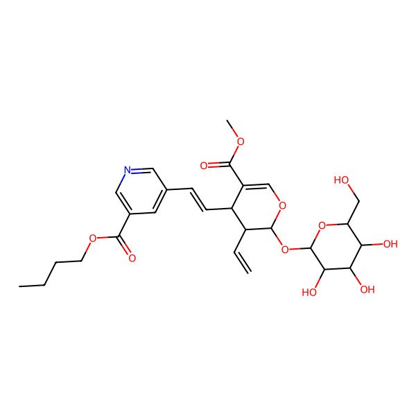 2D Structure of (6S)-4beta-[2-[5-(Butoxycarbonyl)-3-pyridyl]ethenyl]-5beta-ethenyl-6alpha-(beta-D-glucopyranosyloxy)-5,6-dihydro-4H-pyran-3-carboxylic acid methyl ester