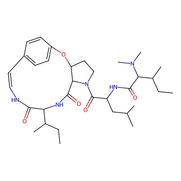 2D Structure of (2S,3S)-N-[(2S)-1-[(3S,7S,10S,13Z)-10-[(2R)-butan-2-yl]-8,11-dioxo-2-oxa-6,9,12-triazatricyclo[13.2.2.03,7]nonadeca-1(18),13,15(19),16-tetraen-6-yl]-4-methyl-1-oxopentan-2-yl]-2-(dimethylamino)-3-methylpentanamide