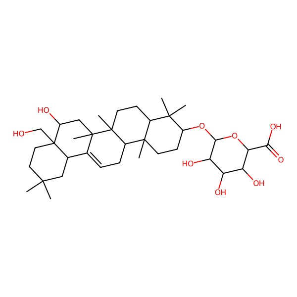 2D Structure of (2S,3S,4S,5R,6S)-6-[[(3S,6aR,6bS,8S,8aS,14bR)-8-hydroxy-8a-(hydroxymethyl)-4,4,6a,6b,11,11,14b-heptamethyl-1,2,3,4a,5,6,7,8,9,10,12,12a,14,14a-tetradecahydropicen-3-yl]oxy]-3,4,5-trihydroxyoxane-2-carboxylic acid