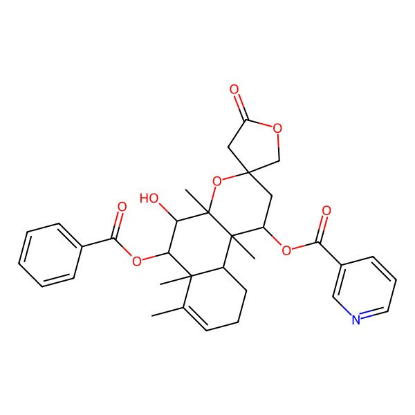 2D Structure of [(1S,3S,4aR,5S,6R,6aR,10aS,10bS)-6-benzoyloxy-5-hydroxy-4a,6a,7,10b-tetramethyl-2'-oxospiro[2,5,6,9,10,10a-hexahydro-1H-benzo[f]chromene-3,4'-oxolane]-1-yl] pyridine-3-carboxylate