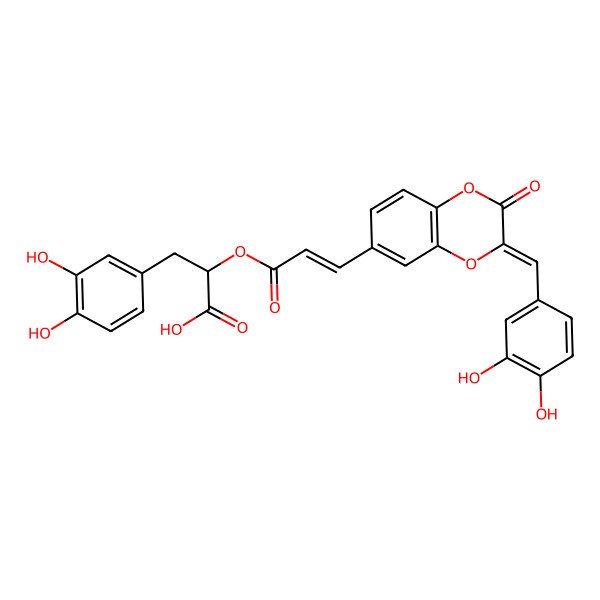 2D Structure of (2R)-3-(3,4-dihydroxyphenyl)-2-[(E)-3-[(3Z)-3-[(3,4-dihydroxyphenyl)methylidene]-2-oxo-1,4-benzodioxin-6-yl]prop-2-enoyl]oxypropanoic acid