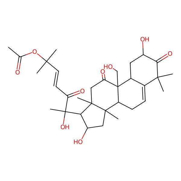 2D Structure of [(E,6R)-6-[(2S,9R,10R,13R,14S,16R)-2,16-dihydroxy-9-(hydroxymethyl)-4,4,13,14-tetramethyl-3,11-dioxo-2,7,8,10,12,15,16,17-octahydro-1H-cyclopenta[a]phenanthren-17-yl]-6-hydroxy-2-methyl-5-oxohept-3-en-2-yl] acetate