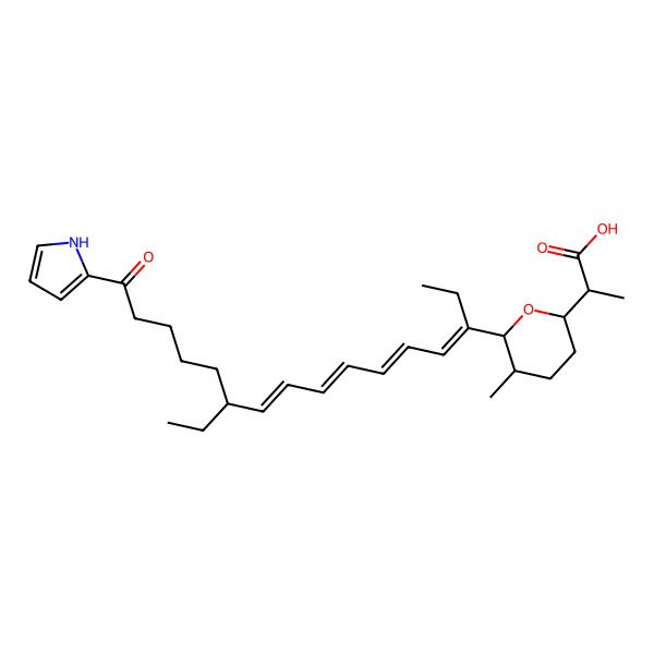 2D Structure of (alphaR,2R)-alpha,5alpha-Dimethyl-6alpha-[(1E,3E,5E,7E,9S)-1,9-diethyl-14-oxo-14-(1H-pyrrole-2-yl)-1,3,5,7-tetradecatetraenyl]tetrahydro-2H-pyran-2beta-acetic acid