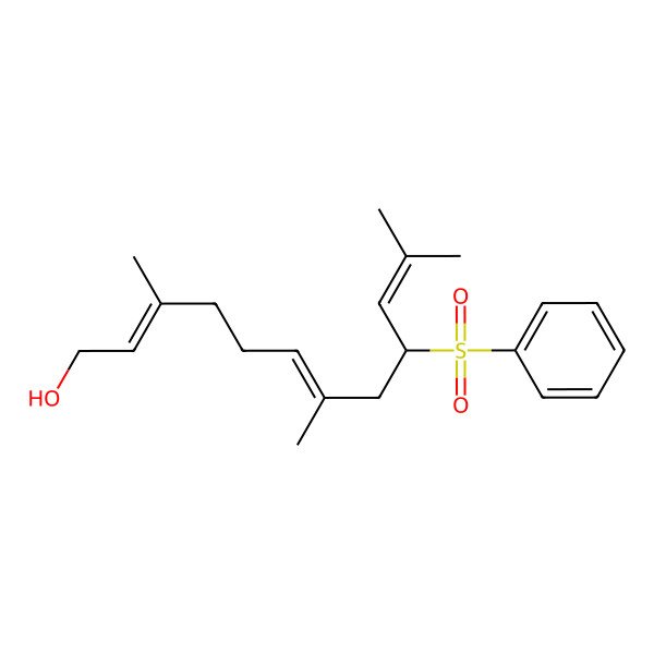 2D Structure of 2,6,10-Dodecatrien-1-ol, 3,7,11-trimethyl-9-(phenylsulfonyl)-, (E,E)- 2D Structure of 2,6,10-Dodecatrien-1-ol, 3,7,11-trimethyl-9-(phenylsulfonyl)-, (E,E)-