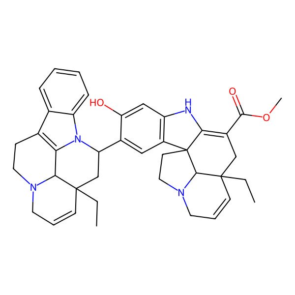 2D Structure of methyl (1R,19R)-12-ethyl-4-[(15S,19R)-15-ethyl-1,11-diazapentacyclo[9.6.2.02,7.08,18.015,19]nonadeca-2,4,6,8(18),13-pentaen-17-yl]-5-hydroxy-8,16-diazapentacyclo[10.6.1.01,9.02,7.016,19]nonadeca-2(7),3,5,9,13-pentaene-10-carboxylate