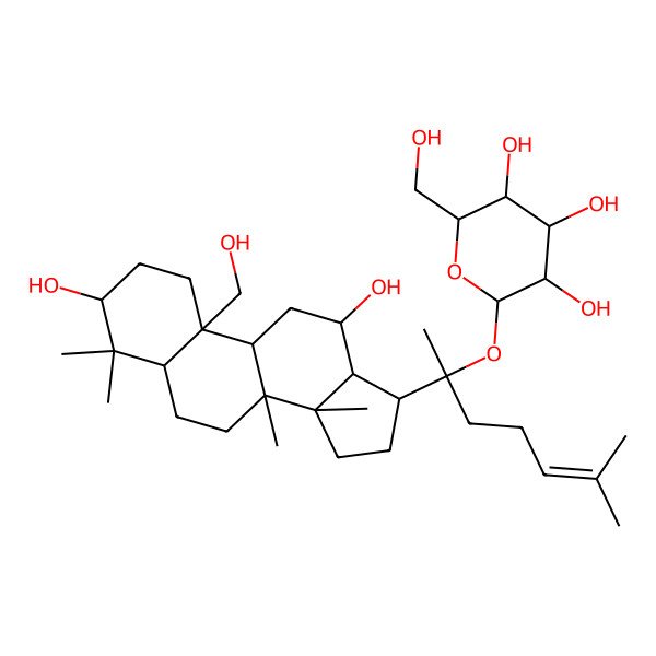 2D Structure of (2S,3R,4S,5S,6R)-2-[2-[3,12-dihydroxy-10-(hydroxymethyl)-4,4,8,14-tetramethyl-2,3,5,6,7,9,11,12,13,15,16,17-dodecahydro-1H-cyclopenta[a]phenanthren-17-yl]-6-methylhept-5-en-2-yl]oxy-6-(hydroxymethyl)oxane-3,4,5-triol