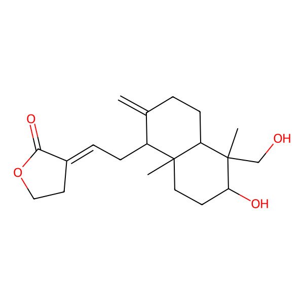 2D Structure of (3E)-3-[2-[(1S,4aR,5R,6S,8aR)-6-hydroxy-5-(hydroxymethyl)-5,8a-dimethyl-2-methylidene-3,4,4a,6,7,8-hexahydro-1H-naphthalen-1-yl]ethylidene]oxolan-2-one