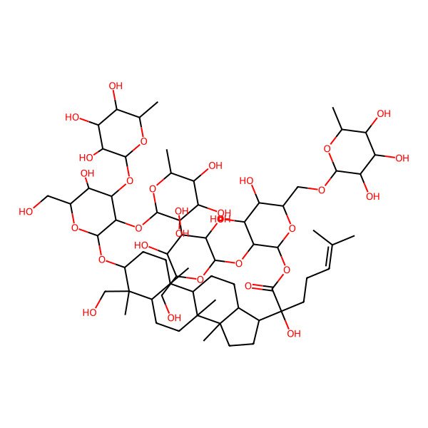 2D Structure of [(2S,3R,4S,5S,6R)-4,5-dihydroxy-3-[(2S,3R,4S,5S,6R)-3,4,5-trihydroxy-6-(hydroxymethyl)oxan-2-yl]oxy-6-[[(2S,3R,4R,5R,6S)-3,4,5-trihydroxy-6-methyloxan-2-yl]oxymethyl]oxan-2-yl] (2S)-2-hydroxy-2-[(3S,4S,5R,8R,9R,10R,13R,14R,17S)-3-[(2R,3R,4S,5R,6R)-5-hydroxy-6-(hydroxymethyl)-3,4-bis[[(2S,3R,4R,5R,6S)-3,4,5-trihydroxy-6-methyloxan-2-yl]oxy]oxan-2-yl]oxy-4-(hydroxymethyl)-4,8,10,14-tetramethyl-2,3,5,6,7,9,11,12,13,15,16,17-dodecahydro-1H-cyclopenta[a]phenanthren-17-yl]-6-methylhept-5-enoate