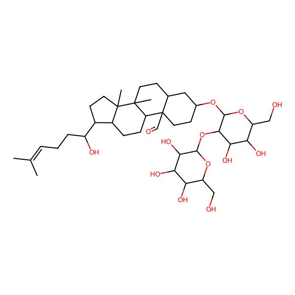 2D Structure of 3-[(2R,3R,4S,5S,6R)-4,5-dihydroxy-6-(hydroxymethyl)-3-[(2S,3R,4S,5S,6R)-3,4,5-trihydroxy-6-(hydroxymethyl)oxan-2-yl]oxyoxan-2-yl]oxy-17-(1-hydroxy-5-methylhex-4-enyl)-8,14-dimethyl-1,2,3,4,5,6,7,9,11,12,13,15,16,17-tetradecahydrocyclopenta[a]phenanthrene-10-carbaldehyde