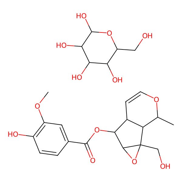 2D Structure of [2-(hydroxymethyl)-10-methyl-3,9-dioxatricyclo[4.4.0.02,4]dec-7-en-5-yl] 4-hydroxy-3-methoxybenzoate;6-(hydroxymethyl)oxane-2,3,4,5-tetrol
