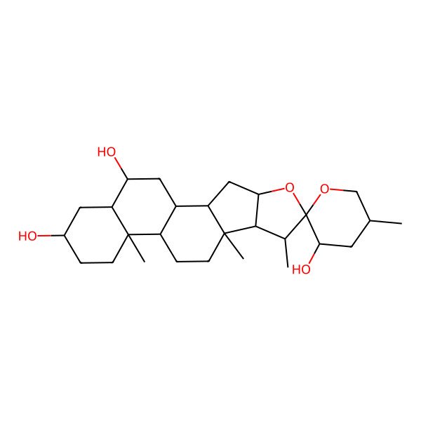 2D Structure of (1R,2S,5'S,6S,9S,12S,13R,16S,18S,19R)-5',7,9,13-tetramethylspiro[5-oxapentacyclo[10.8.0.02,9.04,8.013,18]icosane-6,2'-oxane]-3',16,19-triol