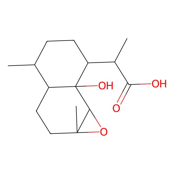 2D Structure of (2R)-2-[(1aR,3aS,4R,7S,7aR,7bS)-7a-hydroxy-1a,4-dimethyl-2,3,3a,4,5,6,7,7b-octahydronaphtho[1,2-b]oxiren-7-yl]propanoic acid