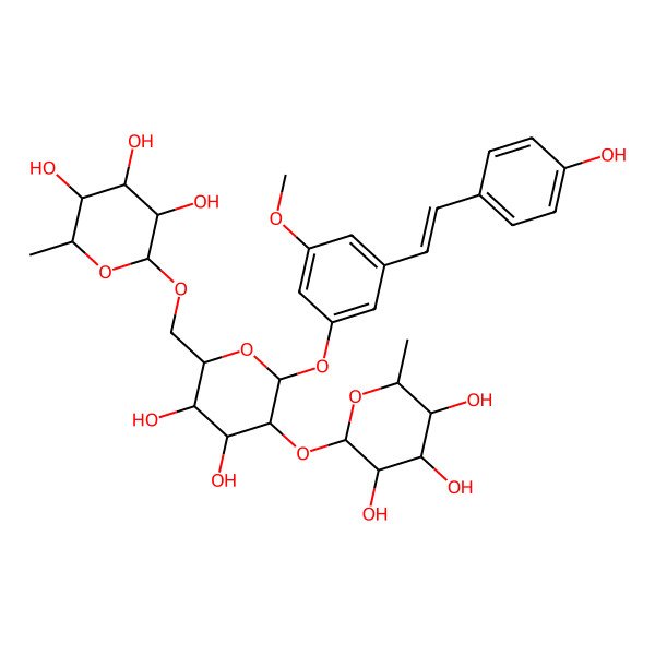 2D Structure of (2R,3R,4R,5R,6S)-2-[[(2R,3S,4S,5R,6S)-3,4-dihydroxy-6-[3-[(E)-2-(4-hydroxyphenyl)ethenyl]-5-methoxyphenoxy]-5-[(2S,3R,4R,5R,6S)-3,4,5-trihydroxy-6-methyloxan-2-yl]oxyoxan-2-yl]methoxy]-6-methyloxane-3,4,5-triol