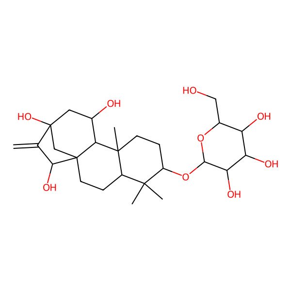 2D Structure of (2R,3S,4S,5R,6R)-2-(hydroxymethyl)-6-[[(1R,4S,10S,11S,13R)-11,13,15-trihydroxy-5,5,9-trimethyl-14-methylidene-6-tetracyclo[11.2.1.01,10.04,9]hexadecanyl]oxy]oxane-3,4,5-triol