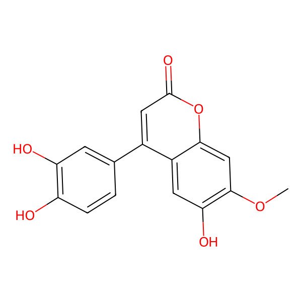 2D Structure of 2H-1-Benzopyran-2-one, 4-(3,4-dihydroxyphenyl)-6-hydroxy-7-methoxy-