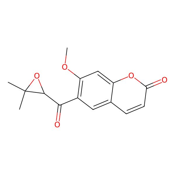 2D Structure of 2H-1-Benzopyran-2-one, 6-[(3,3-dimethyloxiranyl)carbonyl]-7-methoxy-, (-)-