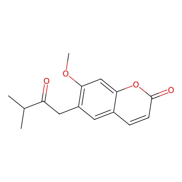 2D Structure of 2H-1-Benzopyran-2-one, 7-methoxy-6-(3-methyl-2-oxobutyl)-
