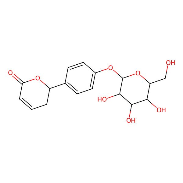 2D Structure of 2H-Pyran-2-one, 6-(4-(beta-D-glucopyranosyloxy)phenyl)-5,6-dihydro-, (S)-