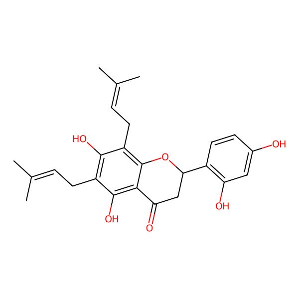 2D Structure of (2R)-2-(2,4-dihydroxyphenyl)-5,7-dihydroxy-6,8-bis(3-methylbut-2-enyl)-2,3-dihydrochromen-4-one 2D Structure of (2R)-2-(2,4-dihydroxyphenyl)-5,7-dihydroxy-6,8-bis(3-methylbut-2-enyl)-2,3-dihydrochromen-4-one