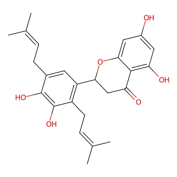 2D Structure of (2R)-2-[3,4-dihydroxy-2,5-bis(3-methylbut-2-enyl)phenyl]-5,7-dihydroxy-2,3-dihydrochromen-4-one