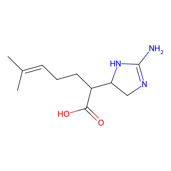 2D Structure of (2R)-2-[(5R)-2-amino-4,5-dihydro-1H-imidazol-5-yl]-6-methylhept-5-enoic acid