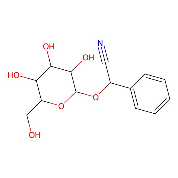 2D Structure of (2R)-2-phenyl-2-[(2R,3S,4R,5S,6S)-3,4,5-trihydroxy-6-(hydroxymethyl)oxan-2-yl]oxyacetonitrile